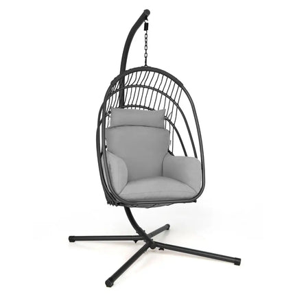 Hanging Folding Egg Chair with Stand Soft Cushion Pillow Swing Hammock-Gray - Gray - Hammocks