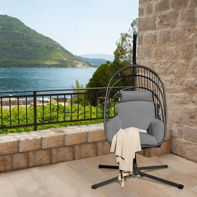 Hanging Folding Egg Chair with Stand Soft Cushion Pillow Swing Hammock-Gray - Gray - Hammocks