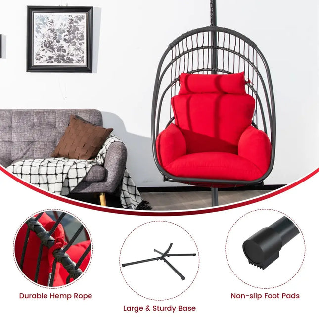 Hanging Folding Egg Chair with Stand Soft Cushion Pillow Swing Hammock-Red - Red - Hammocks