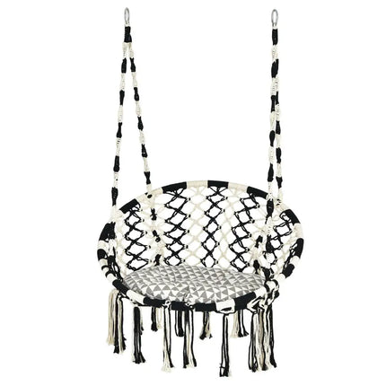 Hanging Hammock Chair with Cushion Macrame Swing Cotton Rope Indoor Outdoor - Black & White - Hammocks