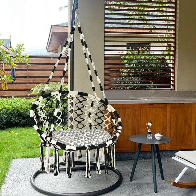 Hanging Hammock Chair with Cushion Macrame Swing Cotton Rope Indoor Outdoor - Black & White - Hammocks