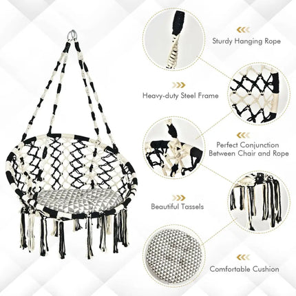 Hanging Hammock Chair with Cushion Macrame Swing Cotton Rope Indoor Outdoor - Black & White - Hammocks