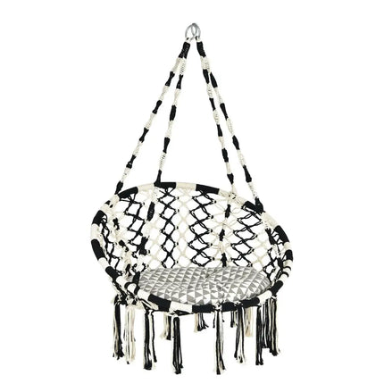 Hanging Hammock Chair with Cushion Macrame Swing Cotton Rope Indoor Outdoor - Black & White - Hammocks