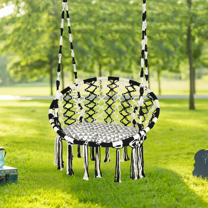 Hanging Hammock Chair with Cushion Macrame Swing Cotton Rope Indoor Outdoor - Black & White - Hammocks