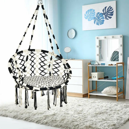 Hanging Hammock Chair with Cushion Macrame Swing Cotton Rope Indoor Outdoor - Black & White - Hammocks