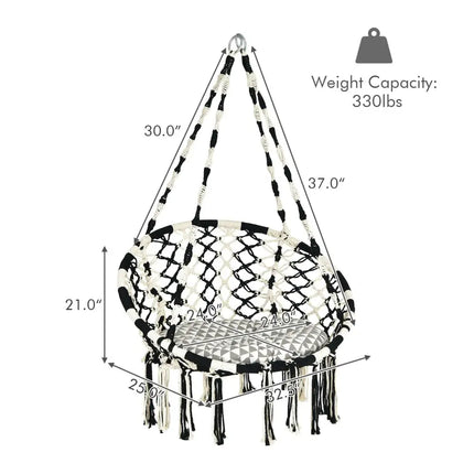 Hanging Hammock Chair with Cushion Macrame Swing Cotton Rope Indoor Outdoor - Black & White - Hammocks