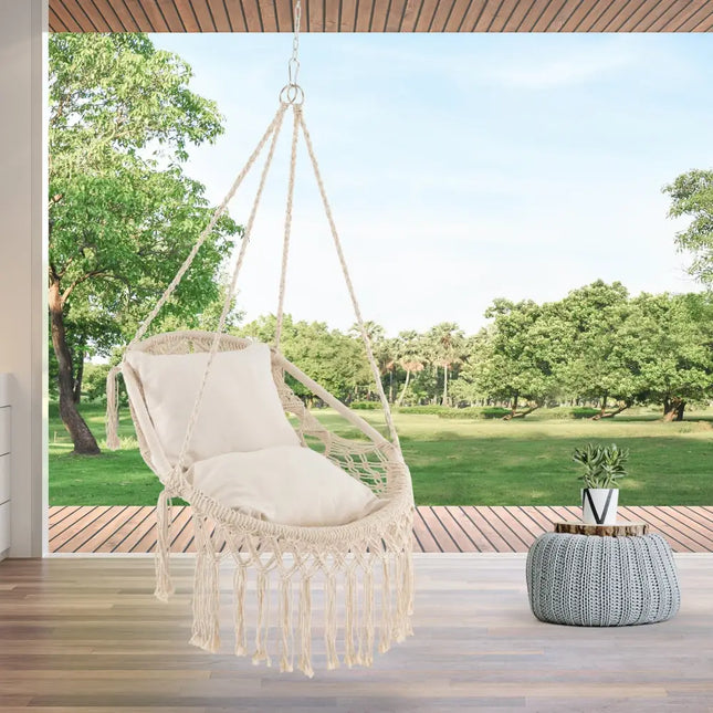 Hanging Hammock Chair with Soft Seat Cushions and Rope Chain-Beige - Beige - Hammocks