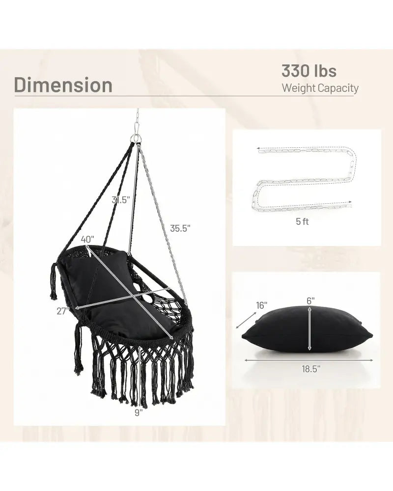 Hanging Hammock Chair with Soft Seat Cushions and Sturdy Rope Chain-Black - Black - Hammocks
