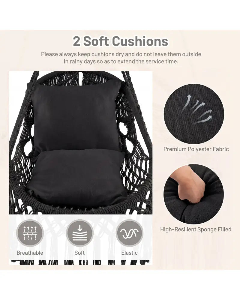 Hanging Hammock Chair with Soft Seat Cushions and Sturdy Rope Chain-Black - Black - Hammocks