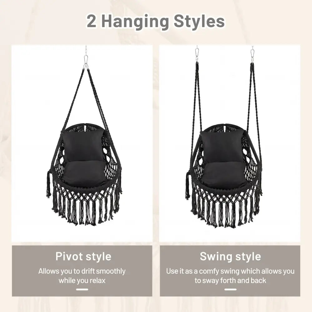 Hanging Hammock Chair with Soft Seat Cushions and Sturdy Rope Chain-Black - Black - Hammocks