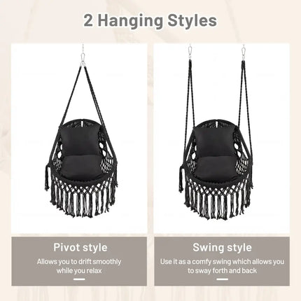 Hanging Hammock Chair with Soft Seat Cushions and Sturdy Rope Chain-Black - Black - Hammocks