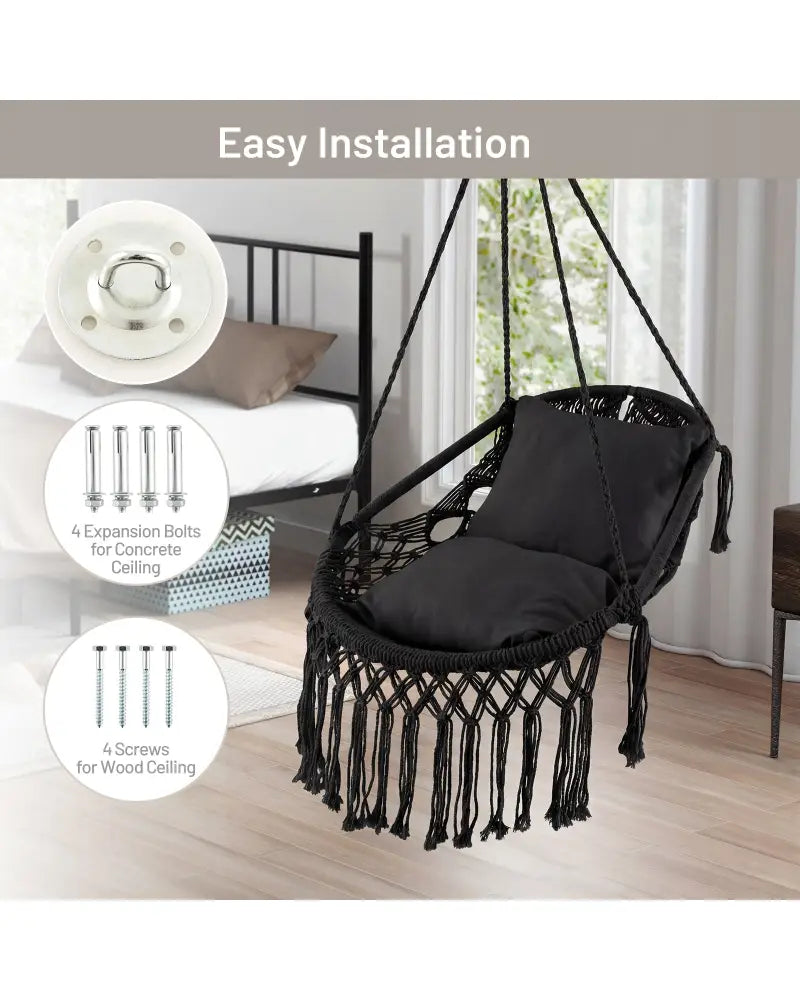 Hanging Hammock Chair with Soft Seat Cushions and Sturdy Rope Chain-Black - Black - Hammocks