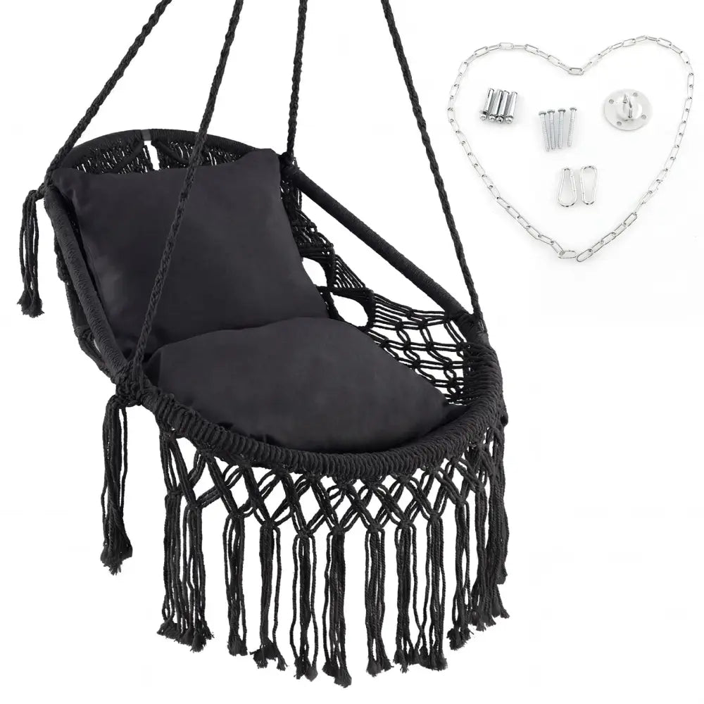 Hanging Hammock Chair with Soft Seat Cushions and Sturdy Rope Chain-Black - Black - Hammocks