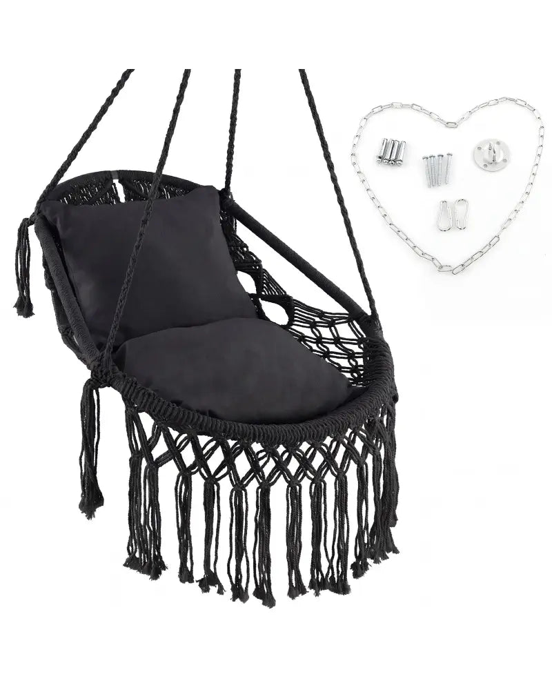 Hanging Hammock Chair with Soft Seat Cushions and Sturdy Rope Chain-Black - Black - Hammocks