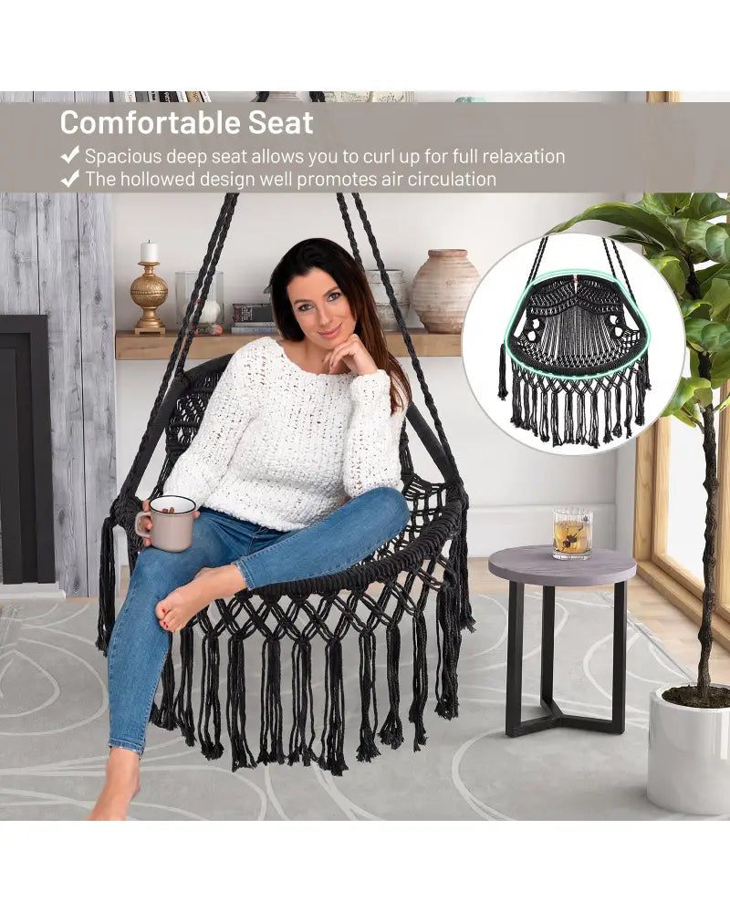 Hanging Hammock Chair with Soft Seat Cushions and Sturdy Rope Chain-Black - Black - Hammocks