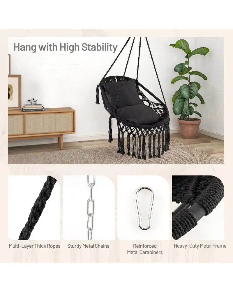 Hanging Hammock Chair with Soft Seat Cushions and Sturdy Rope Chain-Black - Black - Hammocks