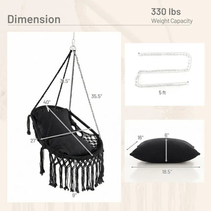 Hanging Hammock Chair with Soft Seat Cushions and Sturdy Rope Chain-Black - Black - Hammocks