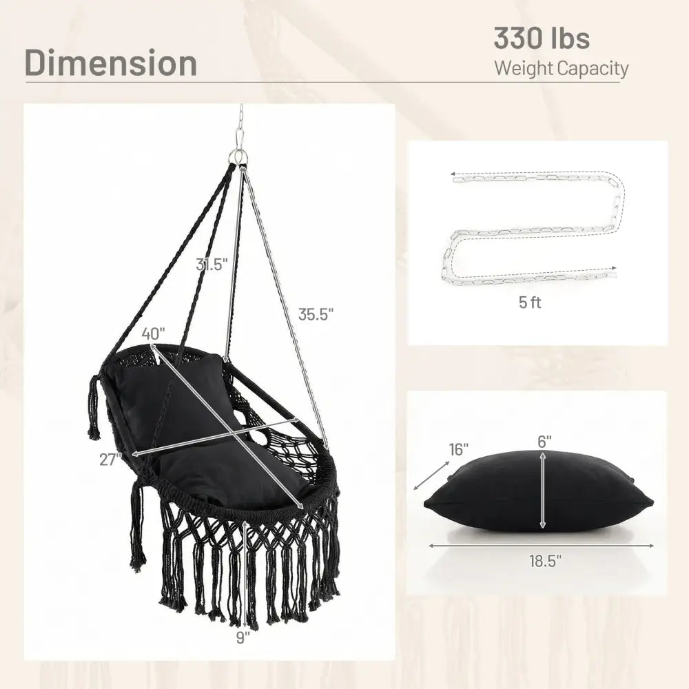 Hanging Hammock Chair with Soft Seat Cushions and Sturdy Rope Chain-Black - Black - Hammocks