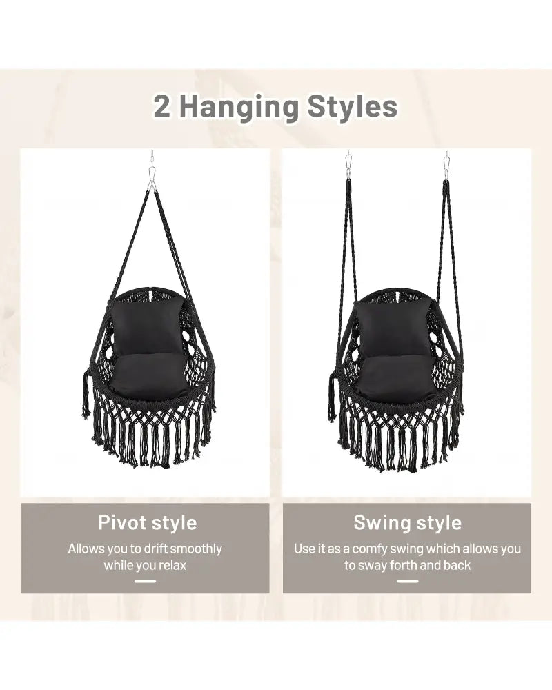 Hanging Hammock Chair with Soft Seat Cushions and Sturdy Rope Chain-Black - Black - Hammocks