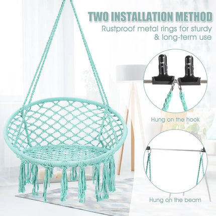 Hanging Macrame Hammock Chair with Handwoven Cotton Backrest-Turquoise - Turquoise - Hammocks