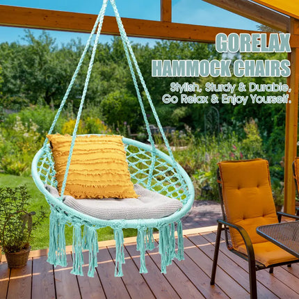 Hanging Macrame Hammock Chair with Handwoven Cotton Backrest-Turquoise - Turquoise - Hammocks