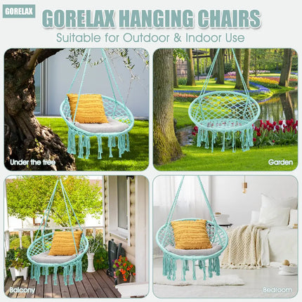 Hanging Macrame Hammock Chair with Handwoven Cotton Backrest-Turquoise - Turquoise - Hammocks