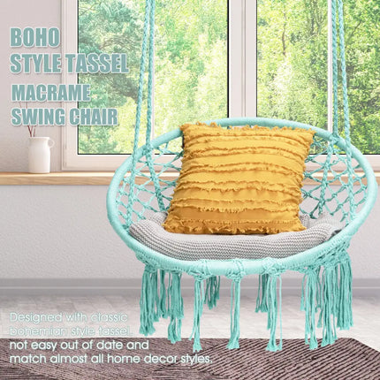 Hanging Macrame Hammock Chair with Handwoven Cotton Backrest-Turquoise - Turquoise - Hammocks