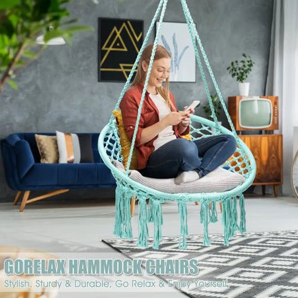 Hanging Macrame Hammock Chair with Handwoven Cotton Backrest-Turquoise - Turquoise - Hammocks