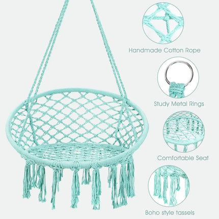 Hanging Macrame Hammock Chair with Handwoven Cotton Backrest-Turquoise - Turquoise - Hammocks