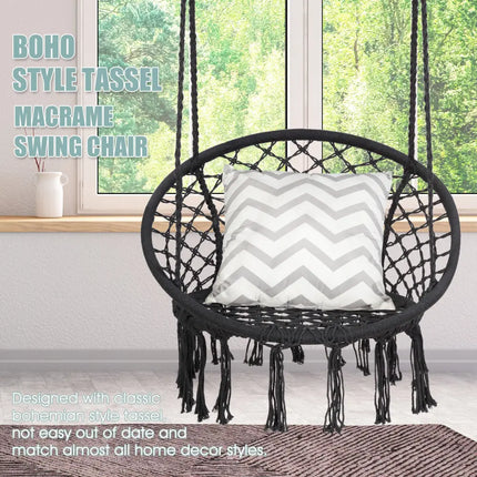 Hanging Macrame Hammock Chair with Handwoven Cotton Backrest-Black - Black - Hammocks