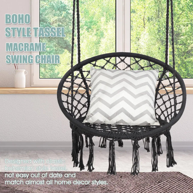 Hanging Macrame Hammock Chair with Handwoven Cotton Backrest-Black - Black - Hammocks