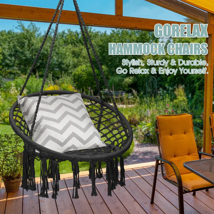 Hanging Macrame Hammock Chair with Handwoven Cotton Backrest-Black - Black - Hammocks