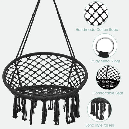 Hanging Macrame Hammock Chair with Handwoven Cotton Backrest-Black - Black - Hammocks