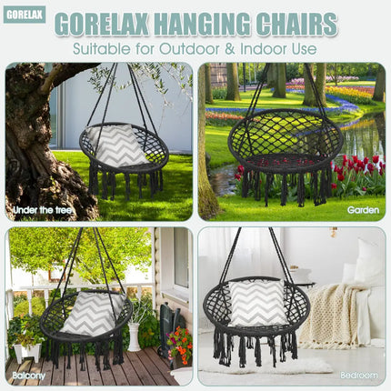 Hanging Macrame Hammock Chair with Handwoven Cotton Backrest-Black - Black - Hammocks