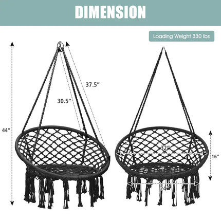 Hanging Macrame Hammock Chair with Handwoven Cotton Backrest-Black - Black - Hammocks