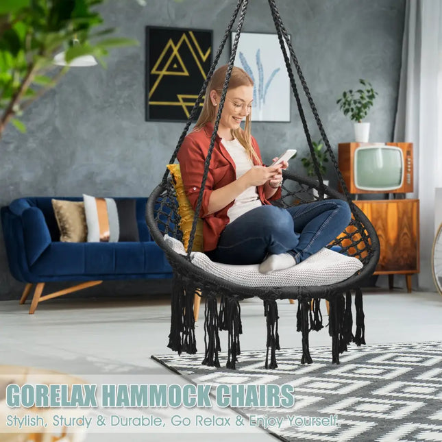 Hanging Macrame Hammock Chair with Handwoven Cotton Backrest-Black - Black - Hammocks