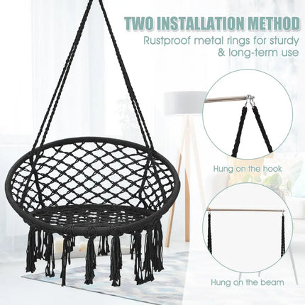 Hanging Macrame Hammock Chair with Handwoven Cotton Backrest-Black - Black - Hammocks