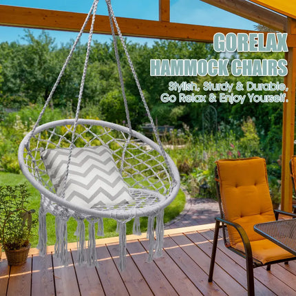 Hanging Macrame Hammock Chair with Handwoven Cotton Backrest-Gray - Gray - Hammocks