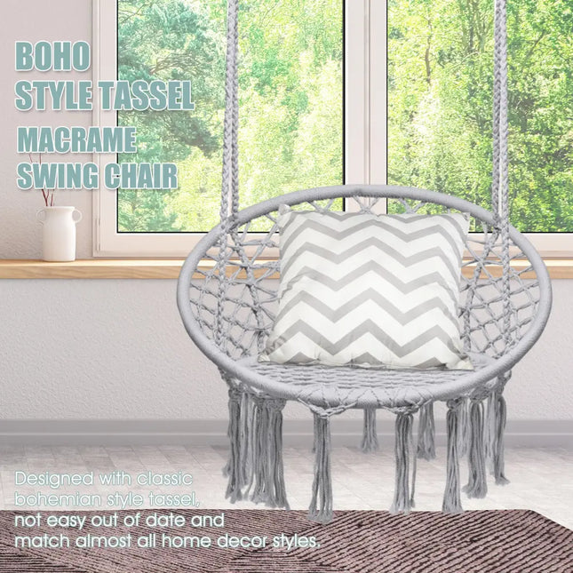 Hanging Macrame Hammock Chair with Handwoven Cotton Backrest-Gray - Gray - Hammocks