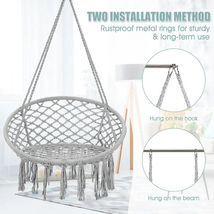 Hanging Macrame Hammock Chair with Handwoven Cotton Backrest-Gray - Gray - Hammocks