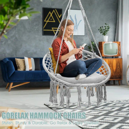 Hanging Macrame Hammock Chair with Handwoven Cotton Backrest-Gray - Gray - Hammocks