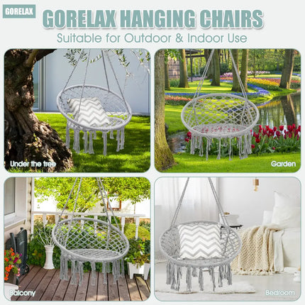 Hanging Macrame Hammock Chair with Handwoven Cotton Backrest-Gray - Gray - Hammocks