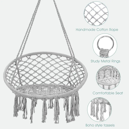 Hanging Macrame Hammock Chair with Handwoven Cotton Backrest-Gray - Gray - Hammocks