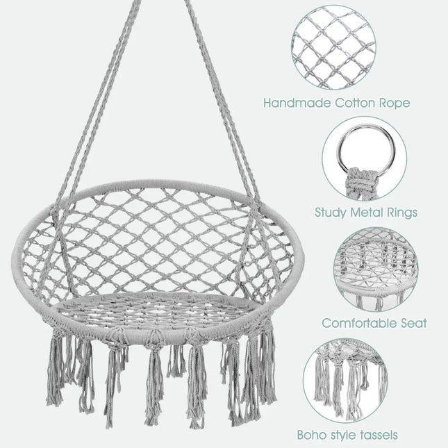 Hanging Macrame Hammock Chair with Handwoven Cotton Backrest-Gray - Gray - Hammocks