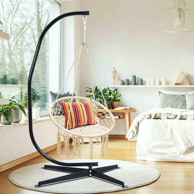 Hanging Macrame Hammock Chair with Handwoven Cotton Backrest-Natural - Natural - Hammocks