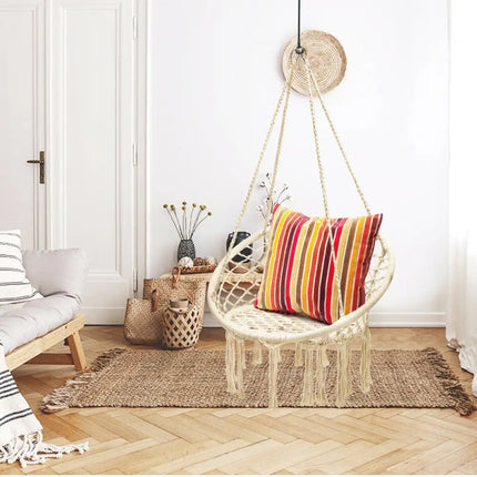 Hanging Macrame Hammock Chair with Handwoven Cotton Backrest-Natural - Natural - Hammocks