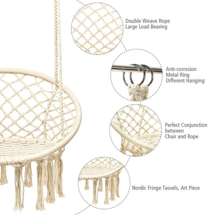 Hanging Macrame Hammock Chair with Handwoven Cotton Backrest-Natural - Natural - Hammocks