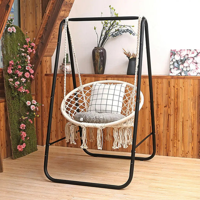 Hanging Macrame Hammock Chair with Handwoven Cotton Backrest-Natural - Natural - Hammocks