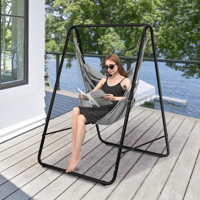 Hanging Padded Hammock Chair with Stand and Heavy Duty Steel-Gray - Gray - Hammocks