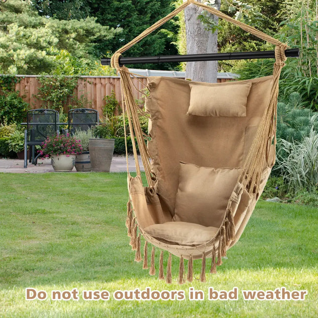 Hanging Rope Swing Chair with Soft Pillow and Cushions-Beige - Beige - Hammocks